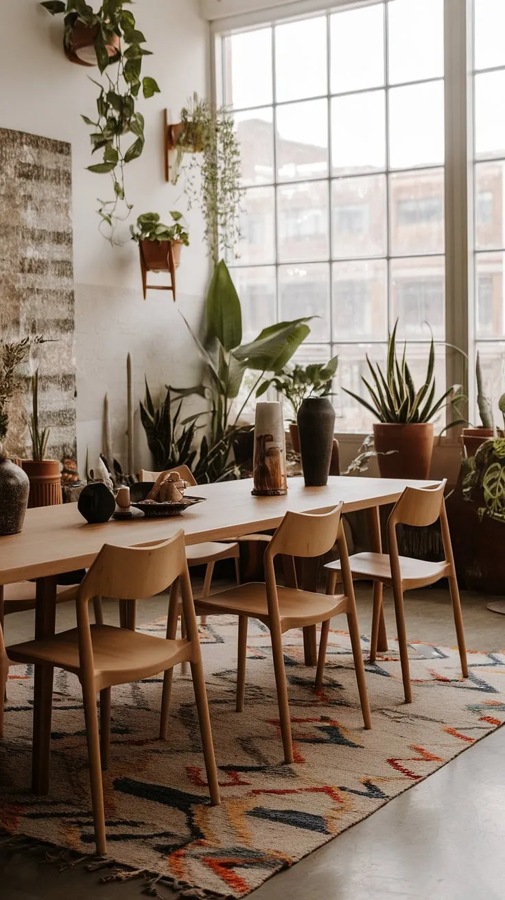 This organic modern dining room beautifully blends boho style with natural elements, featuring a long wooden table, potted plants, and geometric patterns for inspiring dining room interiors.