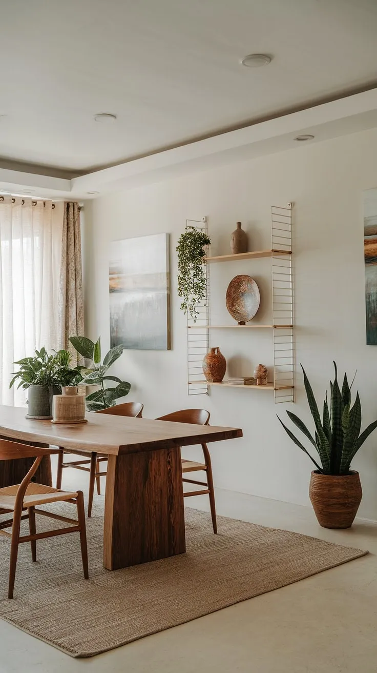 This organic modern dining room beautifully blends boho style with natural elements, featuring a wooden table, potted plants, and curated decor for inspiring dining room interiors.