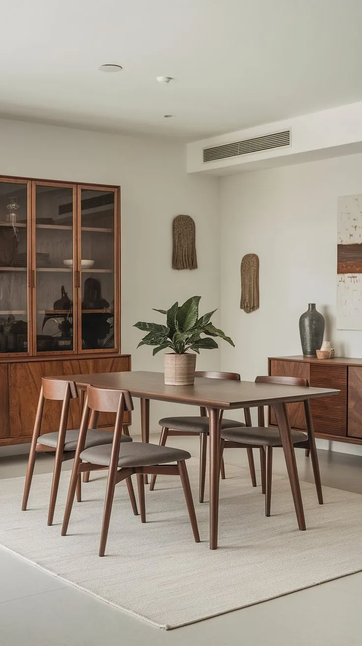 Featuring a wooden dining table and decorative accents, this modern dining room showcases stylish boho elements that elevate dining room design and inspire unique dining room ideas.