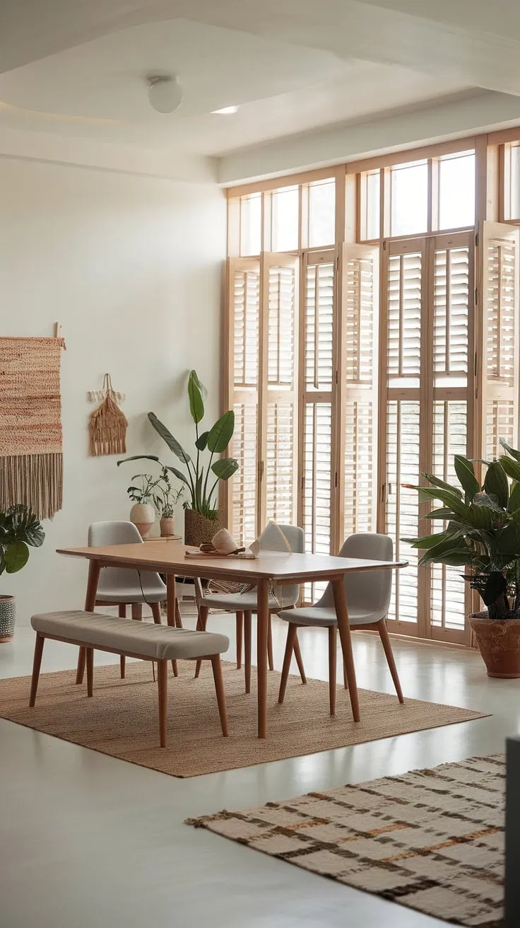 This organic modern dining room showcases a boho dining room style with a wooden table, potted plants, and decorative accents, offering fresh dining room inspiration.