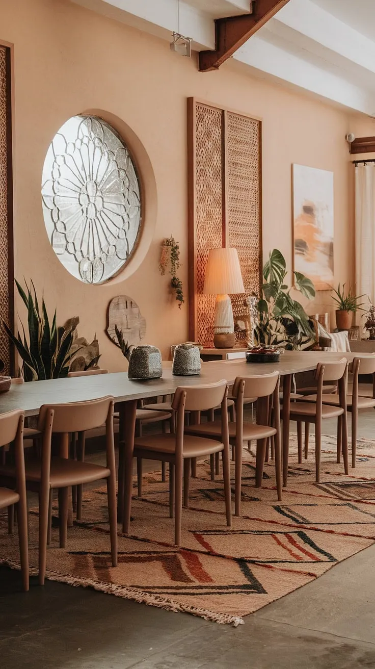 This organic modern dining room showcases boho dining room style with a long wooden table, geometric rug, and warm earthy tones, offering inspiring dining room ideas for chic interiors.