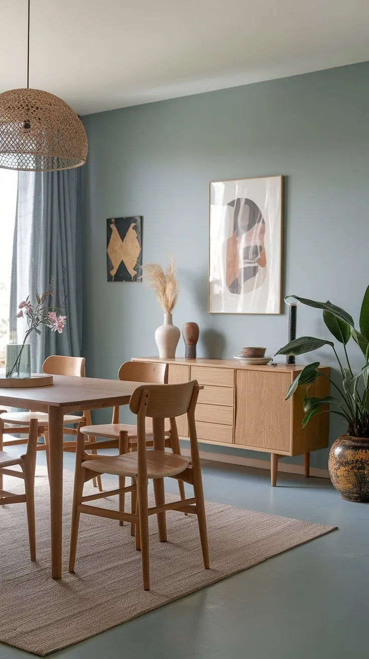 This organic modern dining room beautifully blends boho dining room style with light blue walls, a wooden table, and lush greenery for inspiring dining room interiors.