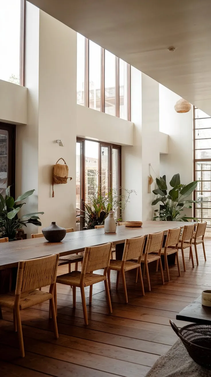 This organic modern dining room features a long wooden table and wicker chairs, complemented by white walls, large windows, and potted plants, offering stylish dining room inspiration for a boho dining room aesthetic.