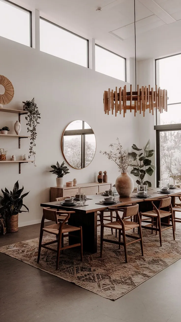 Featuring a long wooden table, a round mirror, and a shelf adorned with plants, this dining room design showcases the perfect harmony of modern and boho dining room interiors.