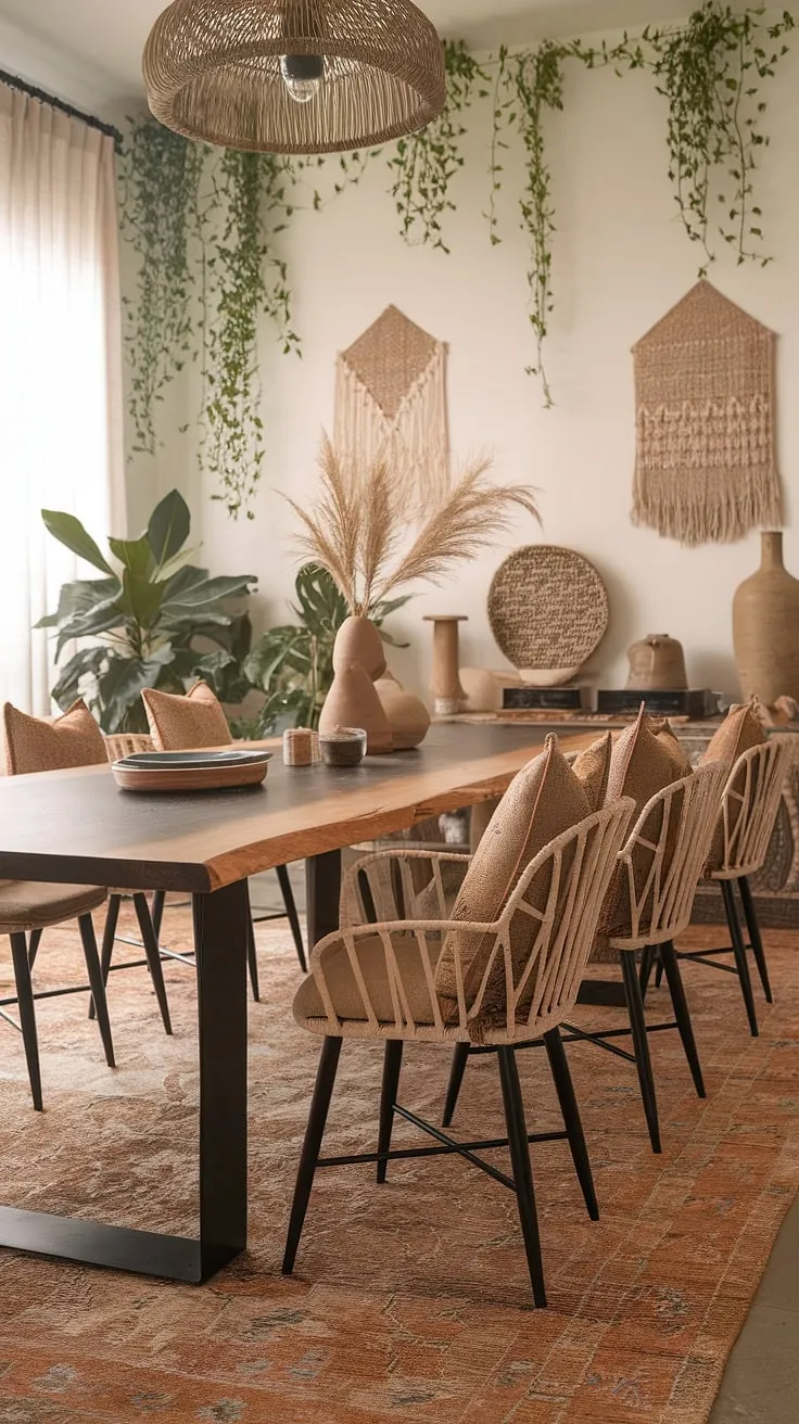 With its warm earthy tones, modern elements, and vibrant decor, this organic modern dining room serves as a perfect source of dining room inspo and design ideas.
