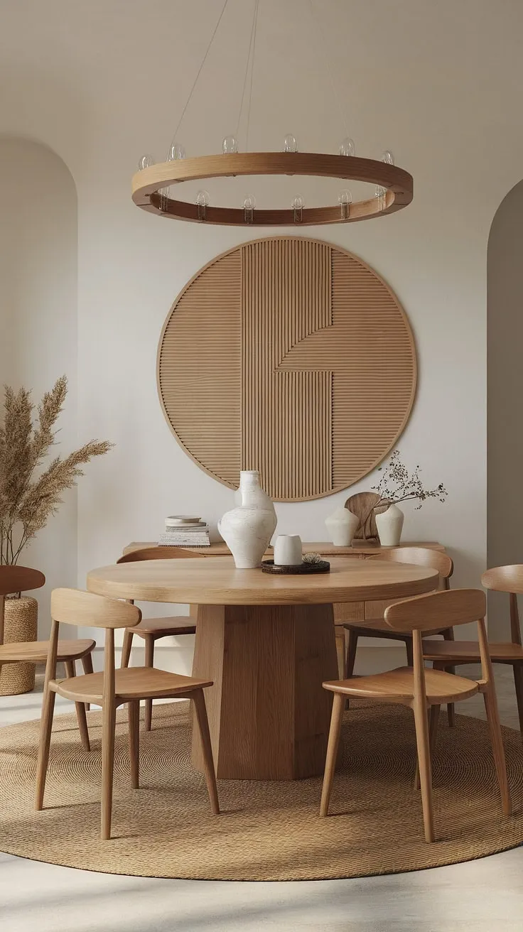 With its boho charm, this modern dining room showcases a round wooden table, stylish chairs, and unique decor, making it a perfect source of dining room ideas and interiors.