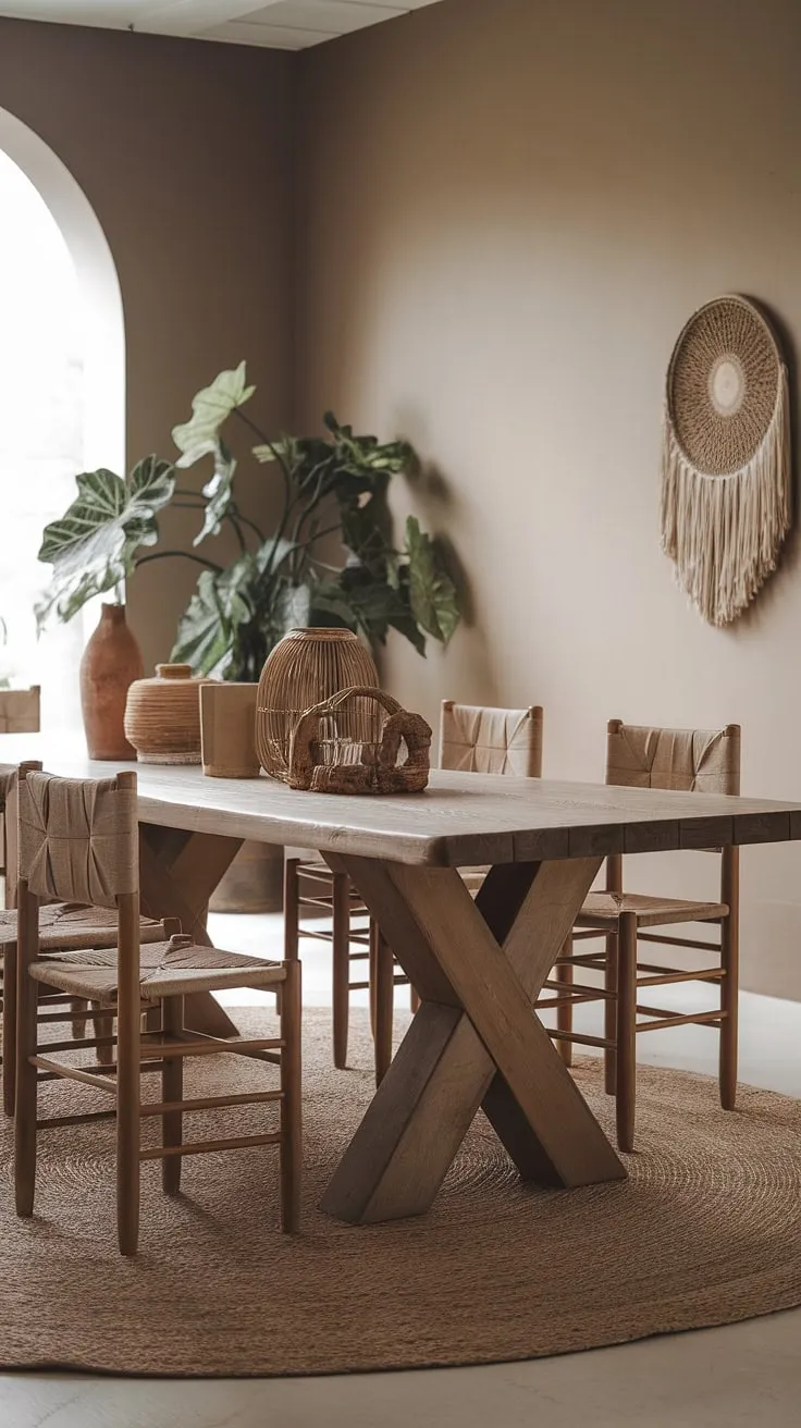 This organic modern dining room blends boho style with a rustic wooden table and eclectic chairs, offering fresh dining room inspiration for unique interiors.