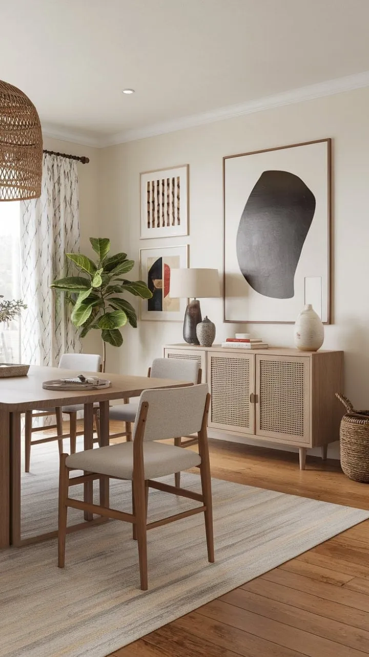 Bathed in sunlight, this boho-chic dining room blends vibrant colors and curated art, creating a cozy haven for joyful gatherings.