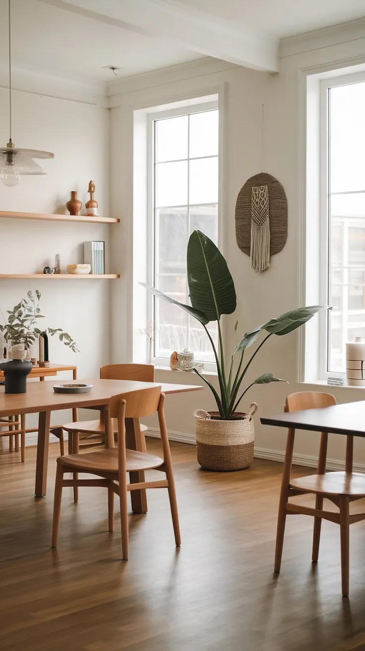 This organic modern dining room beautifully blends boho dining room style with natural light, wooden elements, and thoughtful decor for inspiring dining room interiors.