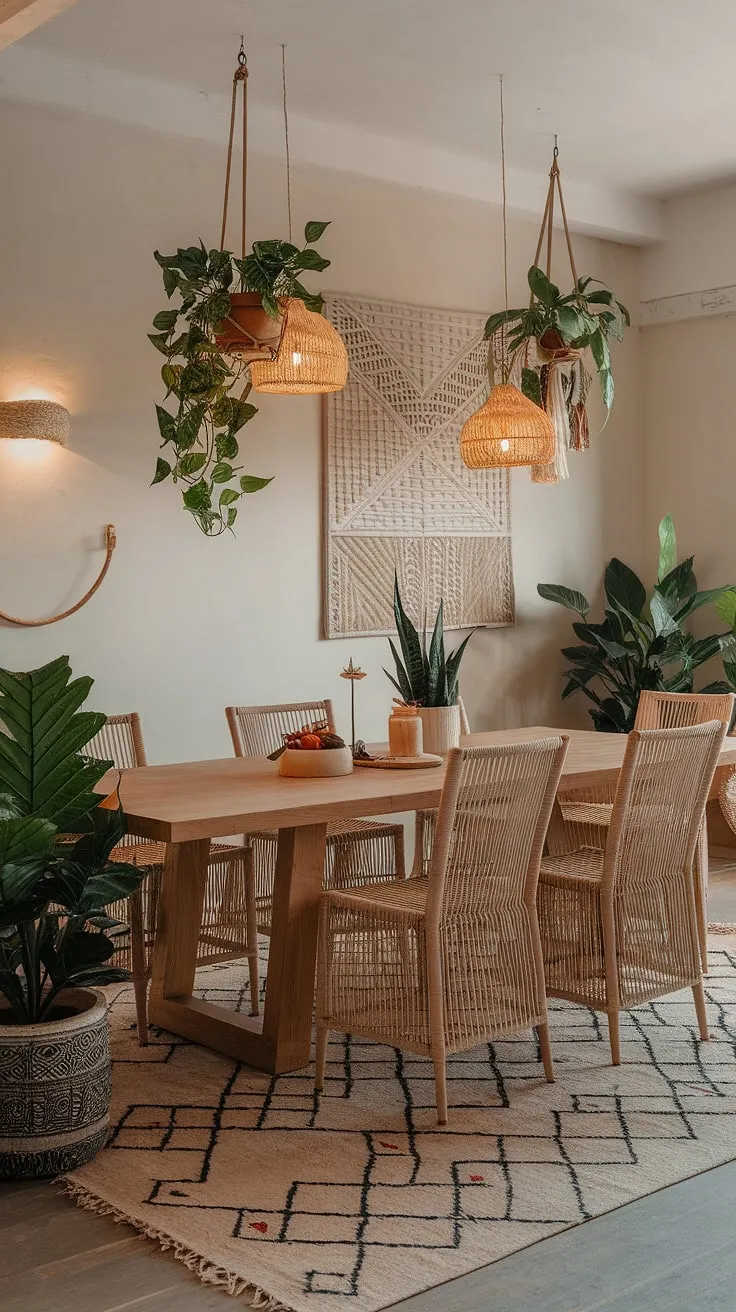 With its white walls, geometric rug, and hanging plants, this modern dining room design beautifully blends organic elements for fresh dining room inspo.