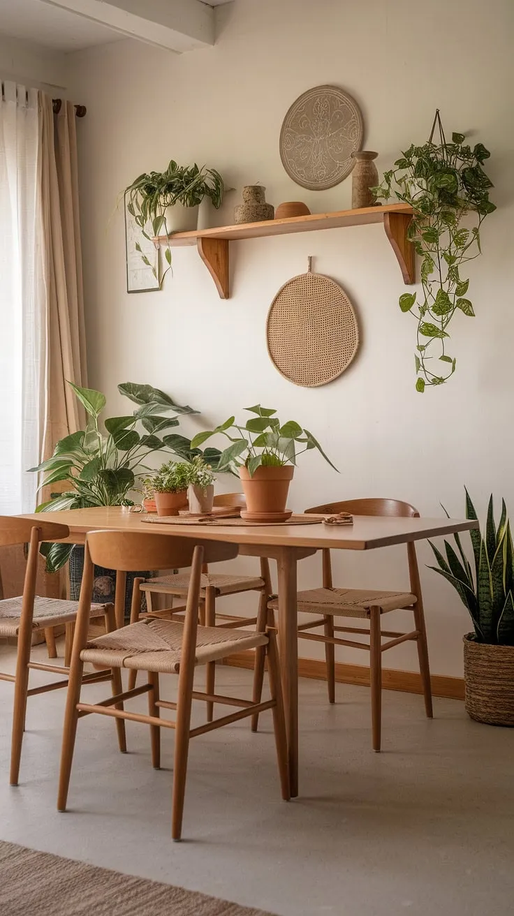 With its wooden dining table, decorative shelves, and cozy ambiance, this organic modern dining room showcases stylish dining room design and boho dining room inspo.