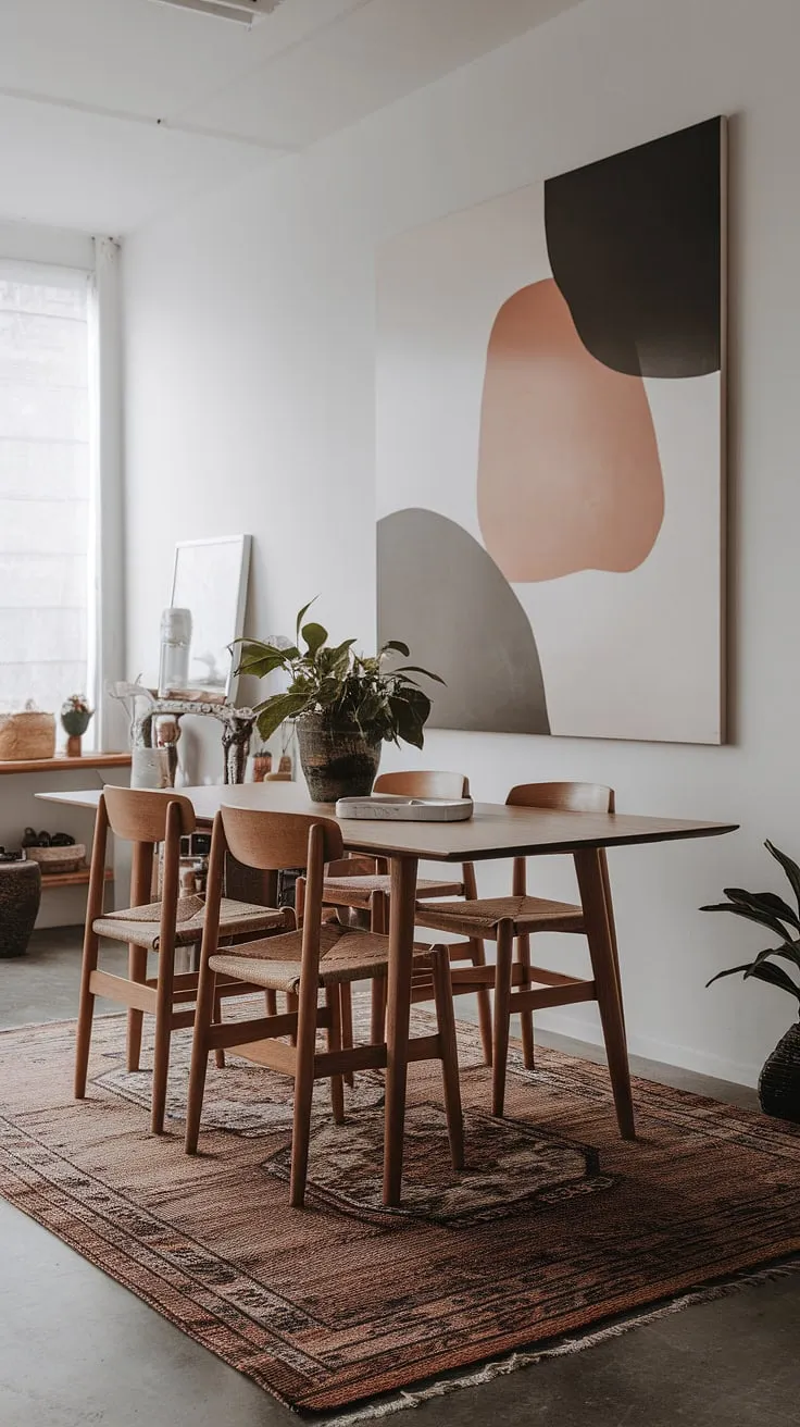 Featuring a blend of modern dining room design and boho elements, this space offers fresh dining room ideas with its wooden table, potted plant, and artistic decor.
