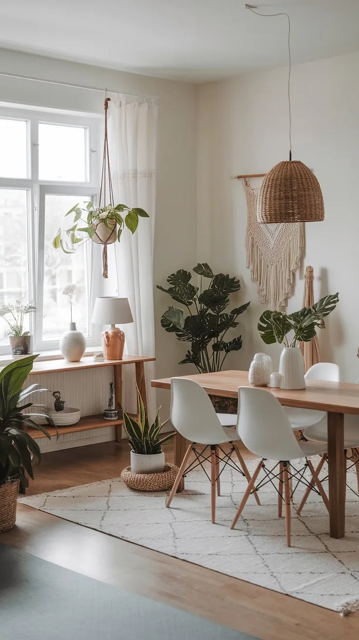 This organic modern dining room features a wooden table and white chairs, enhanced by potted plants and a boho vibe, making it a perfect source of dining room inspiration and style.