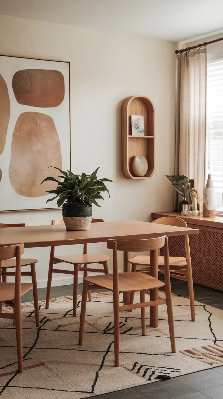 This organic modern dining room beautifully blends boho elements with a wooden table, abstract art, and geometric patterns for inspiring dining room interiors.