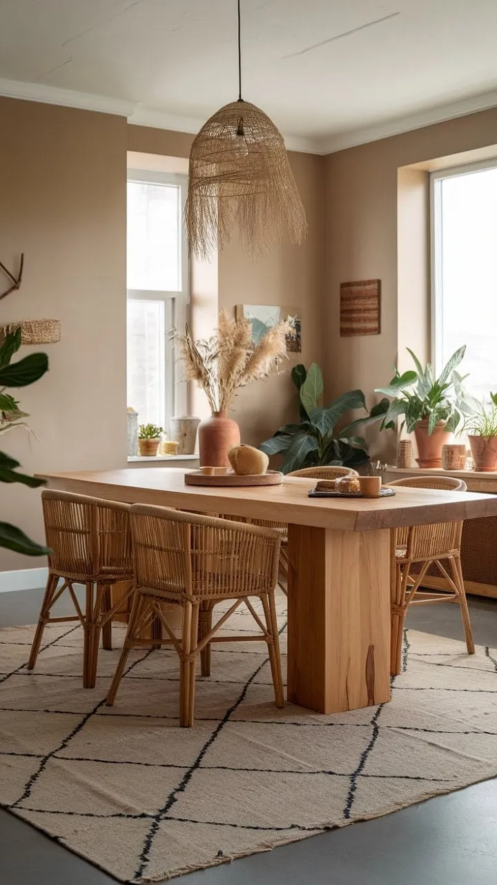 This inviting dining area artfully combines organic modern and bohemian styles, showcasing natural materials that exude understated elegance and effortless charm.