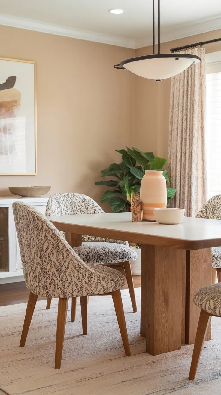 With its wooden dining table, patterned chairs, and soft beige walls, this boho dining room showcases stunning dining room interiors that inspire modern dining room design.