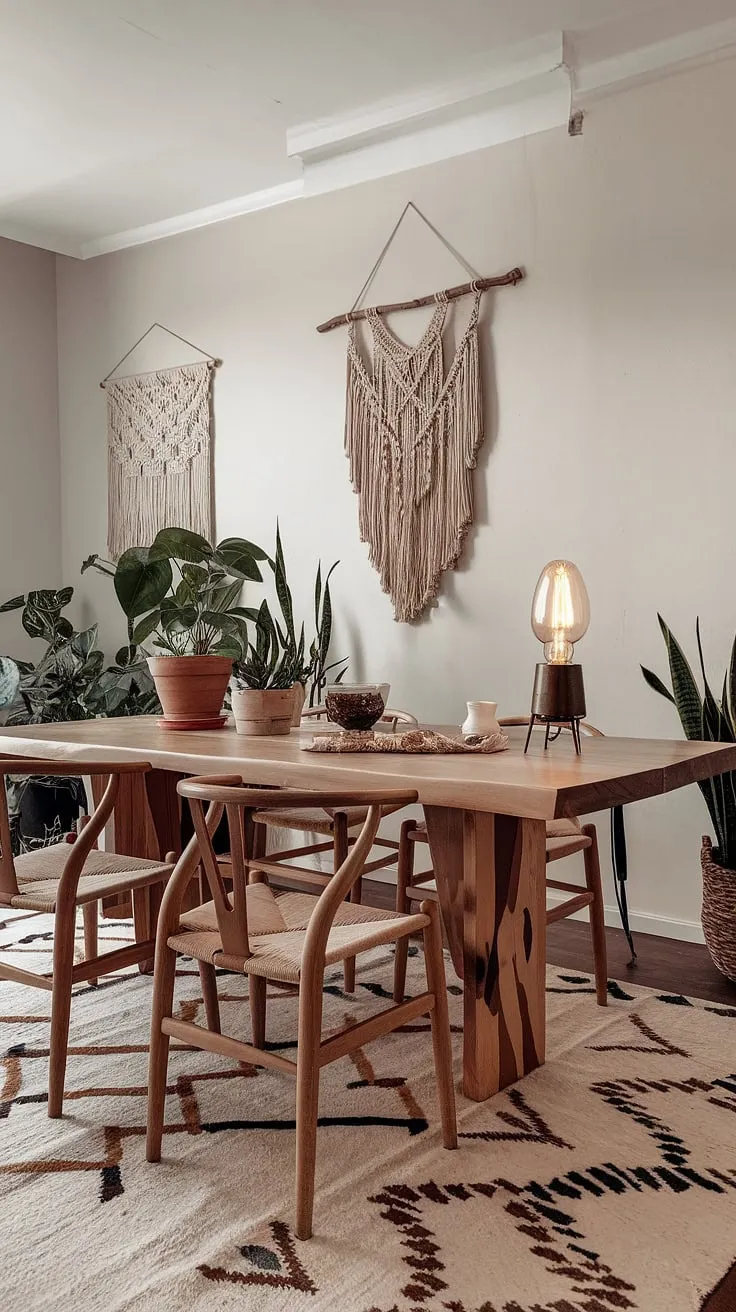 Infuse your dining room style with this modern space that showcases a wooden table, vintage accents, and vibrant greenery for fresh dining room inspo.
