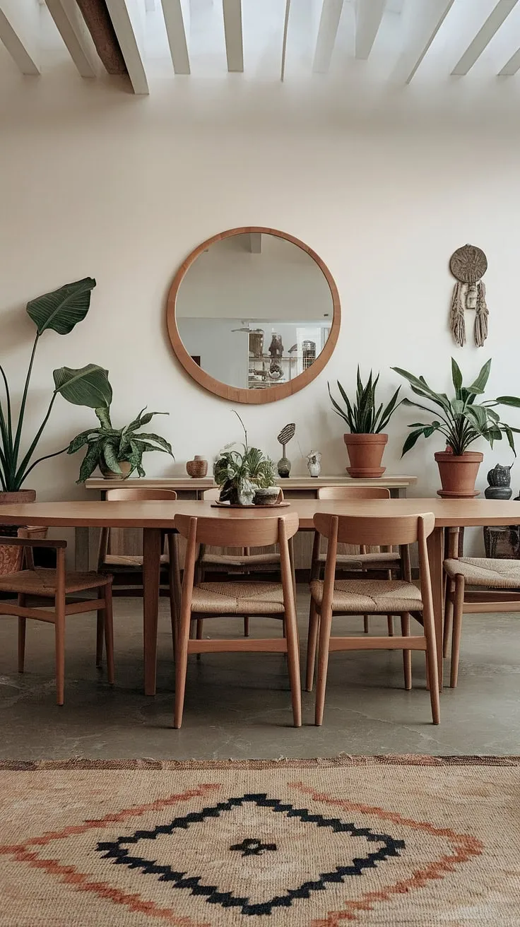 Featuring a blend of organic elements, this modern dining room design highlights a spacious wooden table, lush greenery, and a striking mirror, perfect for boho dining room ideas and interiors.