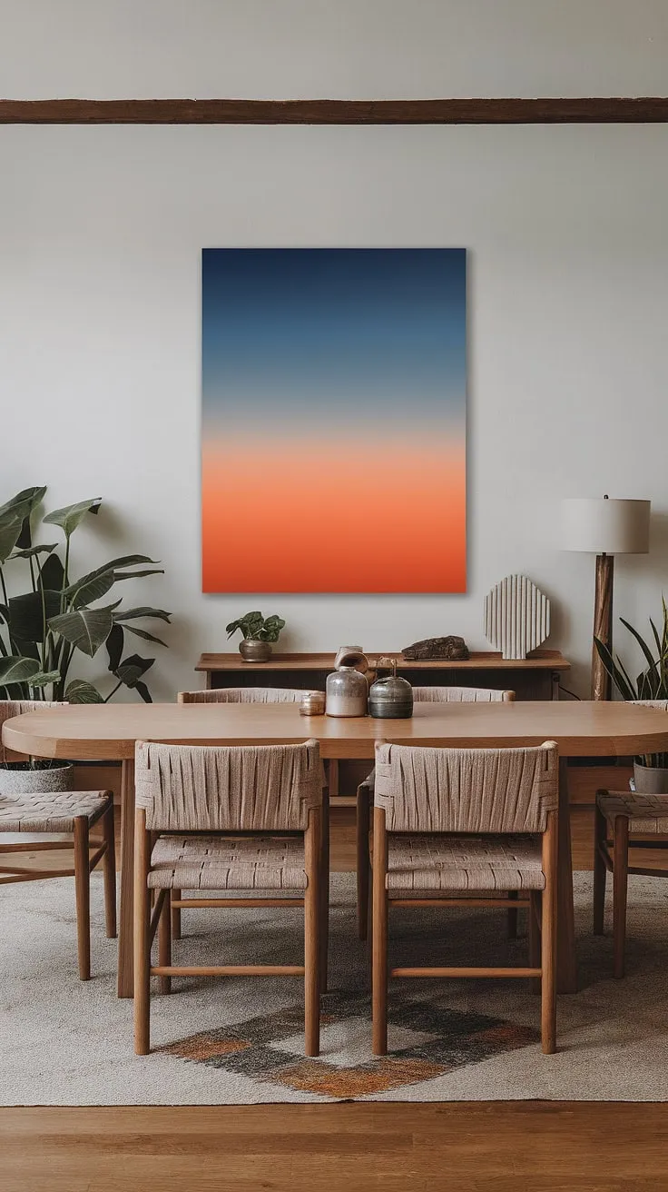 This organic modern dining room showcases boho dining room style with a large wooden table, woven chairs, and vibrant abstract art, offering fresh dining room inspiration.
