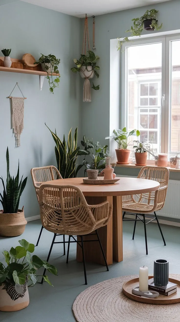 Featuring a light blue palette and cozy decor, this modern dining room offers fresh dining room ideas that elevate your dining room design.