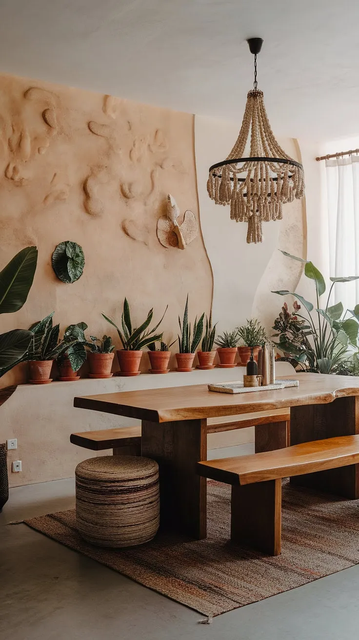 This organic modern dining room beautifully blends boho elements with a textured wall, wooden table, and potted plants for inspiring dining room interiors.
