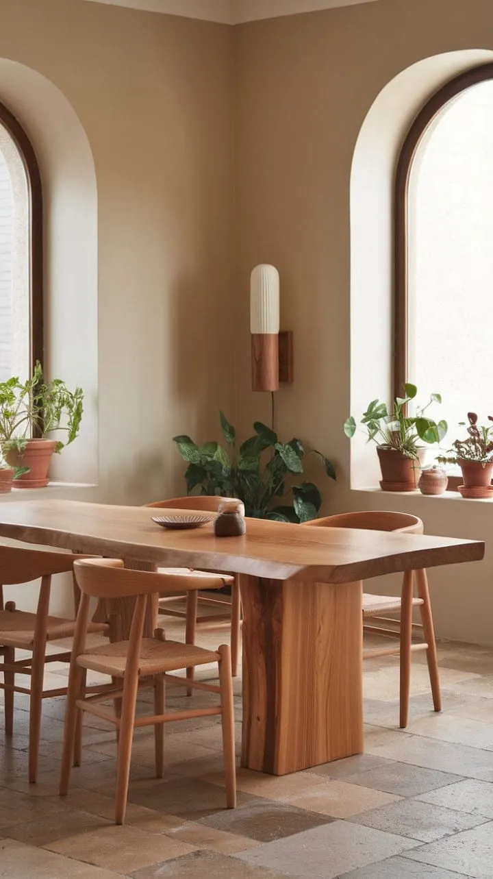 Bathed in sunlight, the serene dining space harmoniously fuses organic modern design with natural elements, creating a tranquil sanctuary for memorable gatherings.