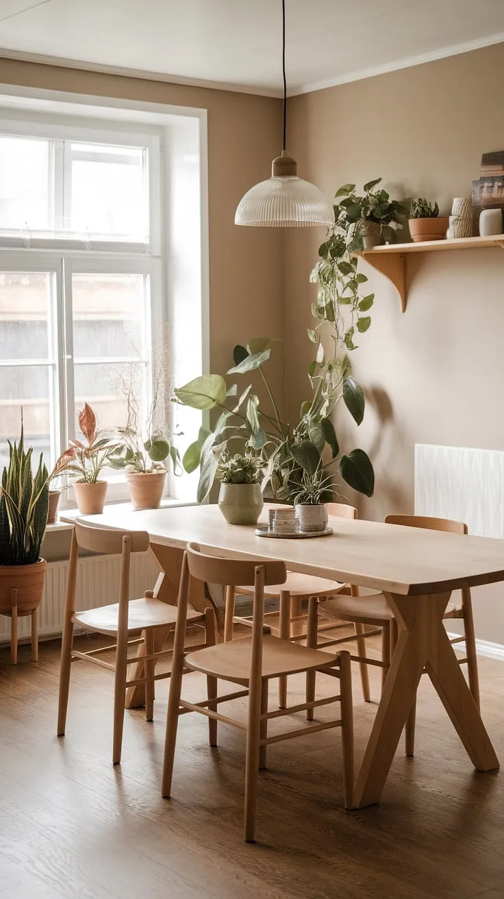 This boho organic modern dining room features a large wooden table bathed in natural light, surrounded by potted plants and a stylish hanging lamp, offering fresh dining room inspiration and ideas for modern dining room interiors.