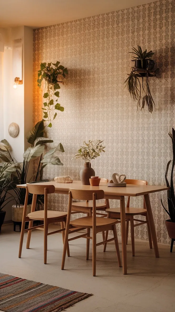 Featuring a wooden dining table and vibrant potted plants, this modern dining room showcases a boho aesthetic that inspires unique dining room designs and styles.