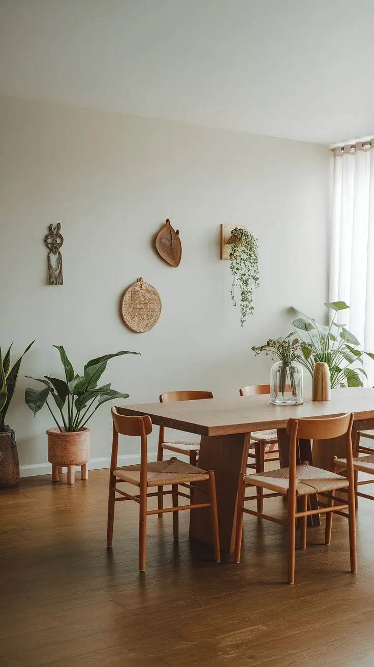 This organic modern dining room features a large wooden table, white walls, and lush plants, offering stylish dining room inspiration for a boho dining room design.