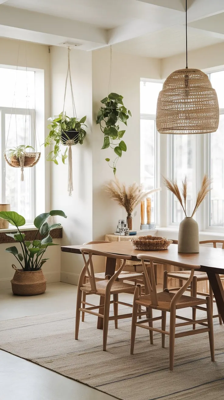 This organic modern dining room blends boho style with natural elements, featuring a large wooden table, hanging plants, and light-filled interiors for inspiring dining room ideas.