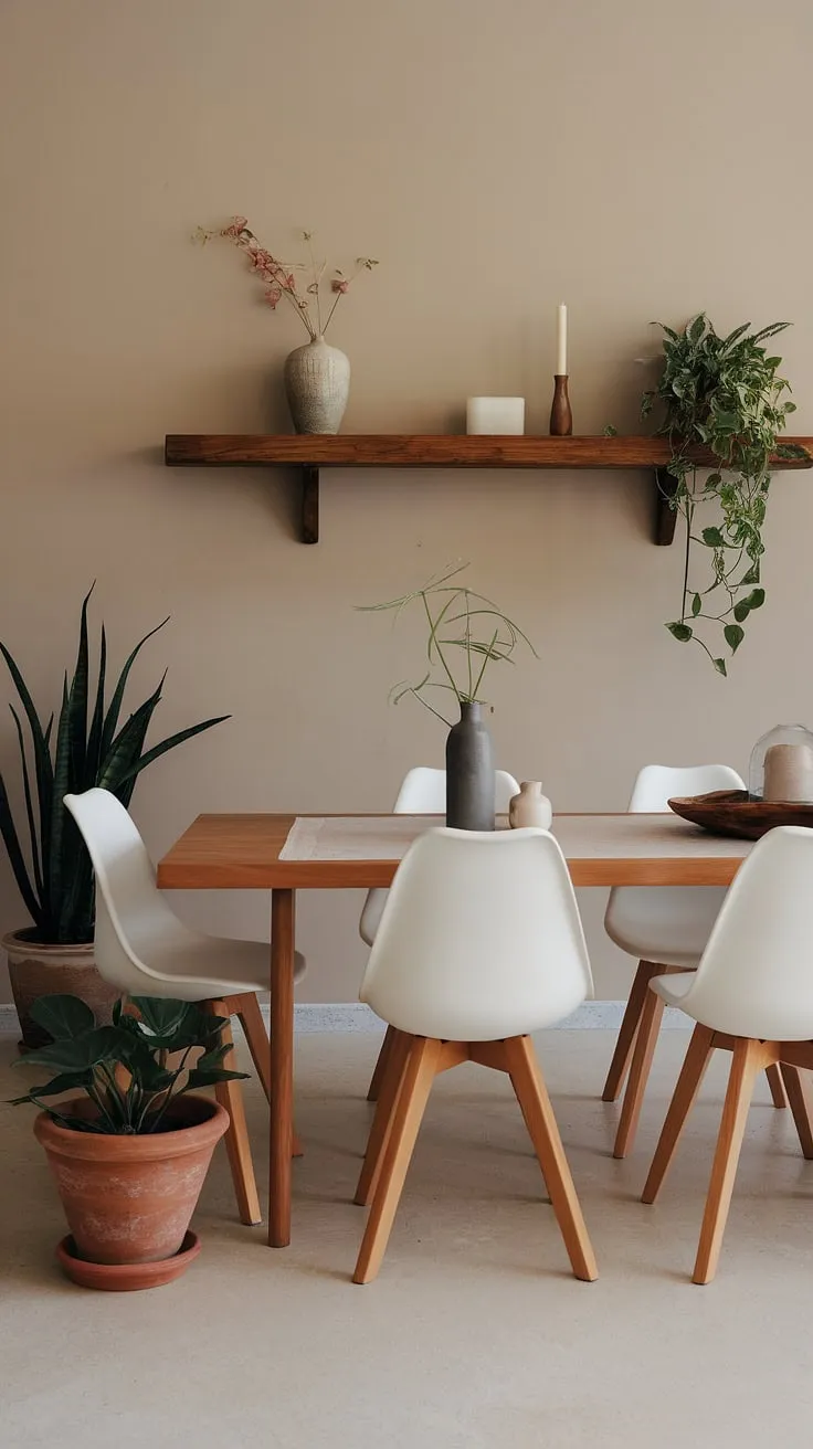 With its long wooden table, white chairs, and earthy decor, this organic modern dining room exemplifies contemporary dining room design and serves as a perfect source of dining room inspo.