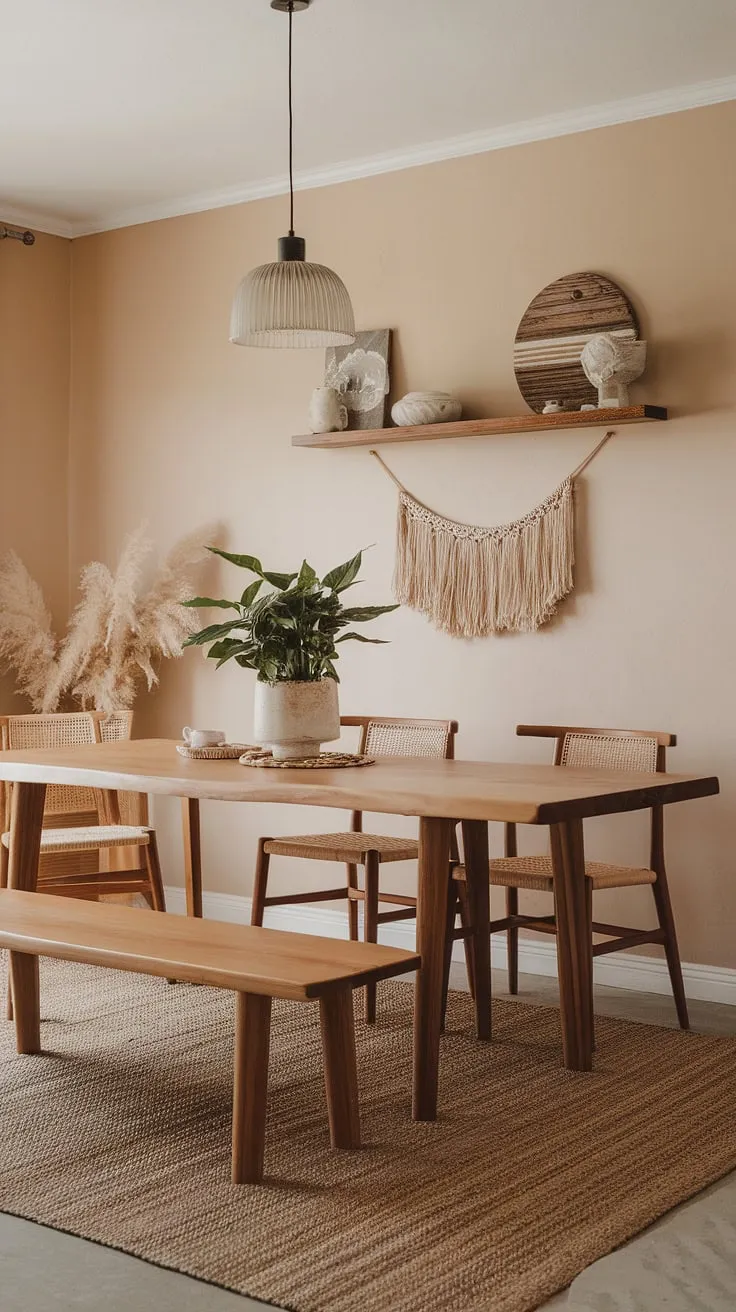 This organic modern dining room, featuring a wooden table, boho accents, and a woven rug, offers inspiring ideas for stylish dining room interiors.
