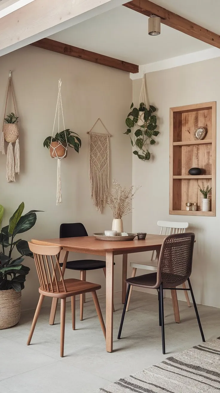 Featuring a wooden table and decorative shelving, this modern dining room showcases creative dining room ideas that harmonize boho charm with contemporary interiors.