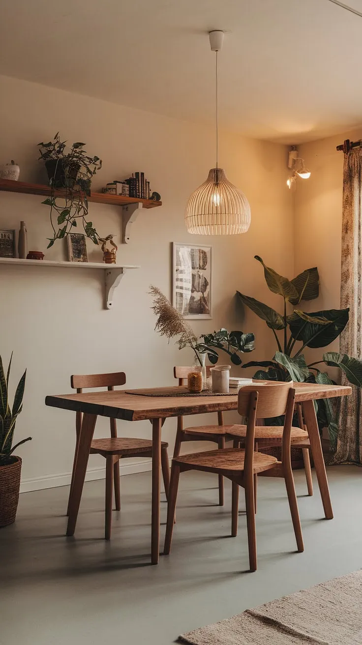 With its white walls, lush plants, and cozy rug, this modern dining room embodies the perfect blend of boho charm and contemporary dining room design.
