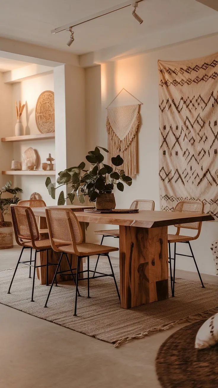 This organic modern dining room blends boho style with warm lighting, a wooden table, and wicker chairs, offering inspiring dining room ideas for chic interiors.