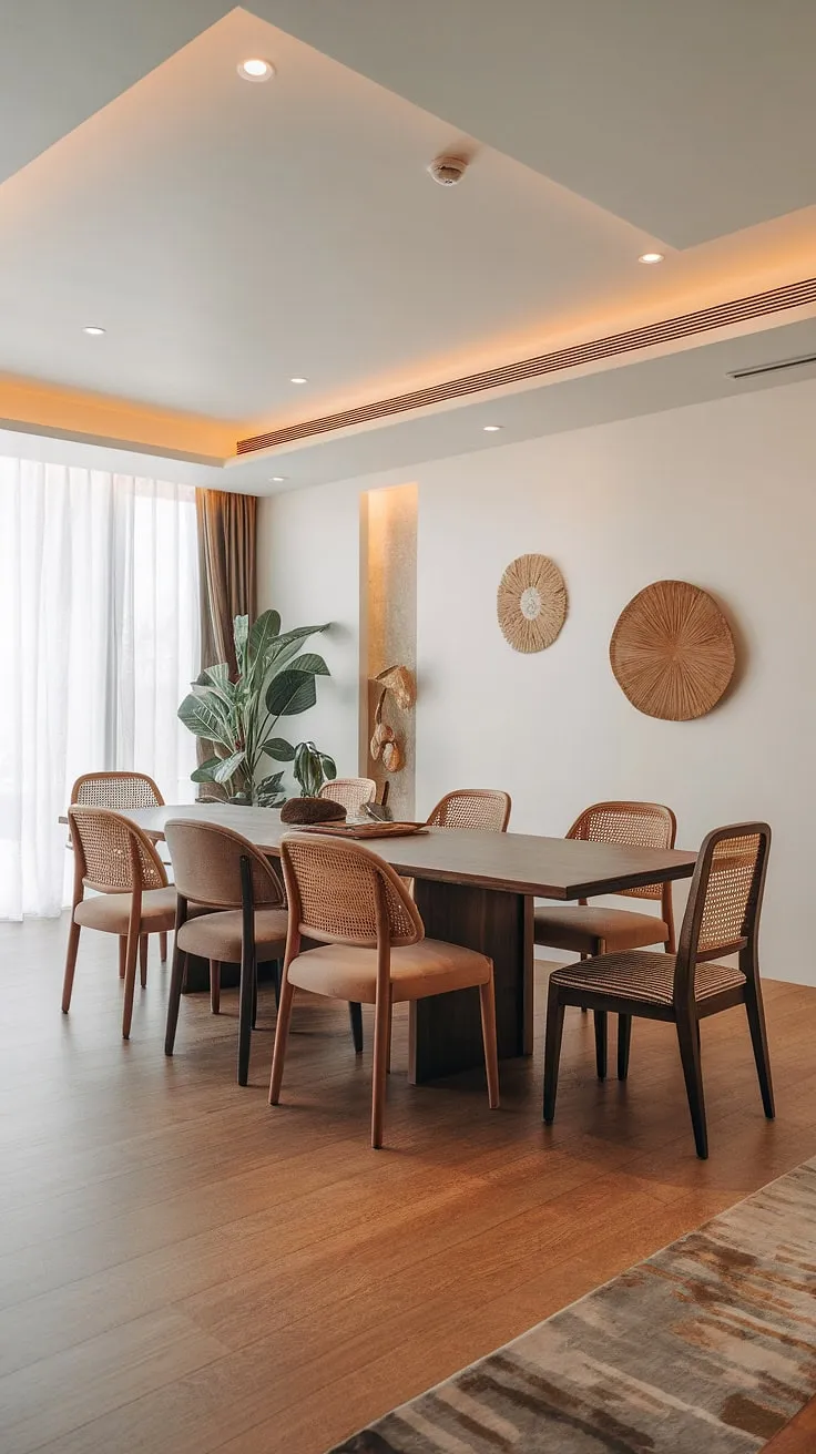With its mix of woven and upholstered chairs, this modern dining room showcases boho dining room ideas that create a cozy and stylish atmosphere perfect for entertaining.