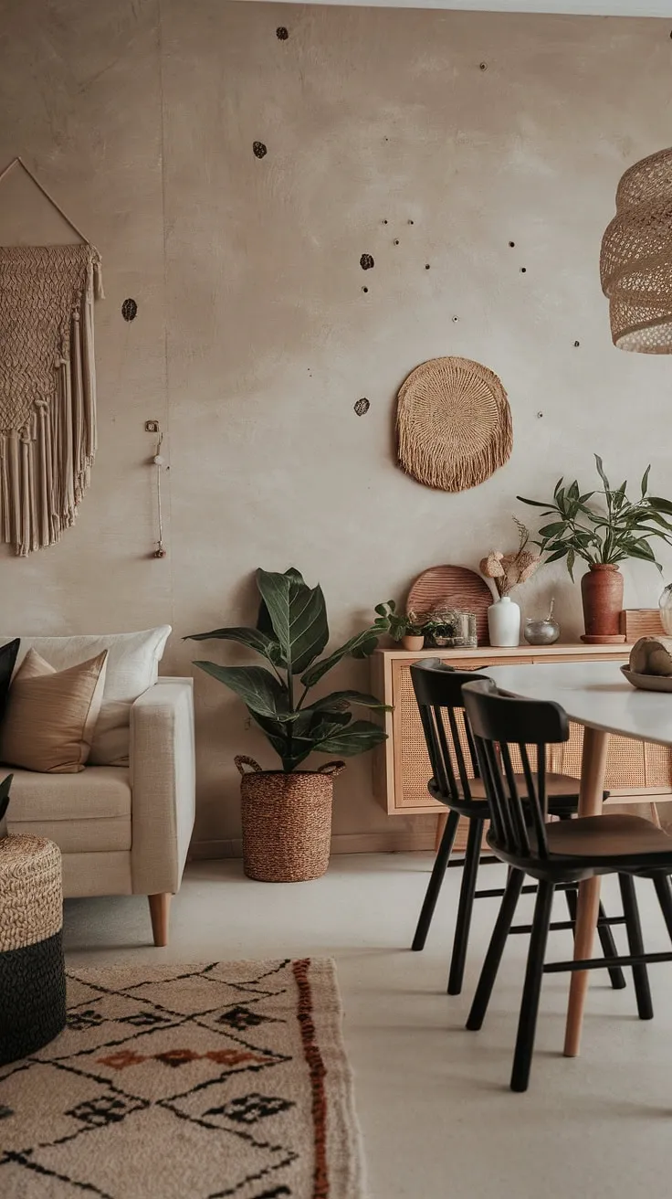 This organic modern dining room blends boho style with a white table, black chairs, and potted plants, offering fresh dining room inspiration and ideas for chic interiors.
