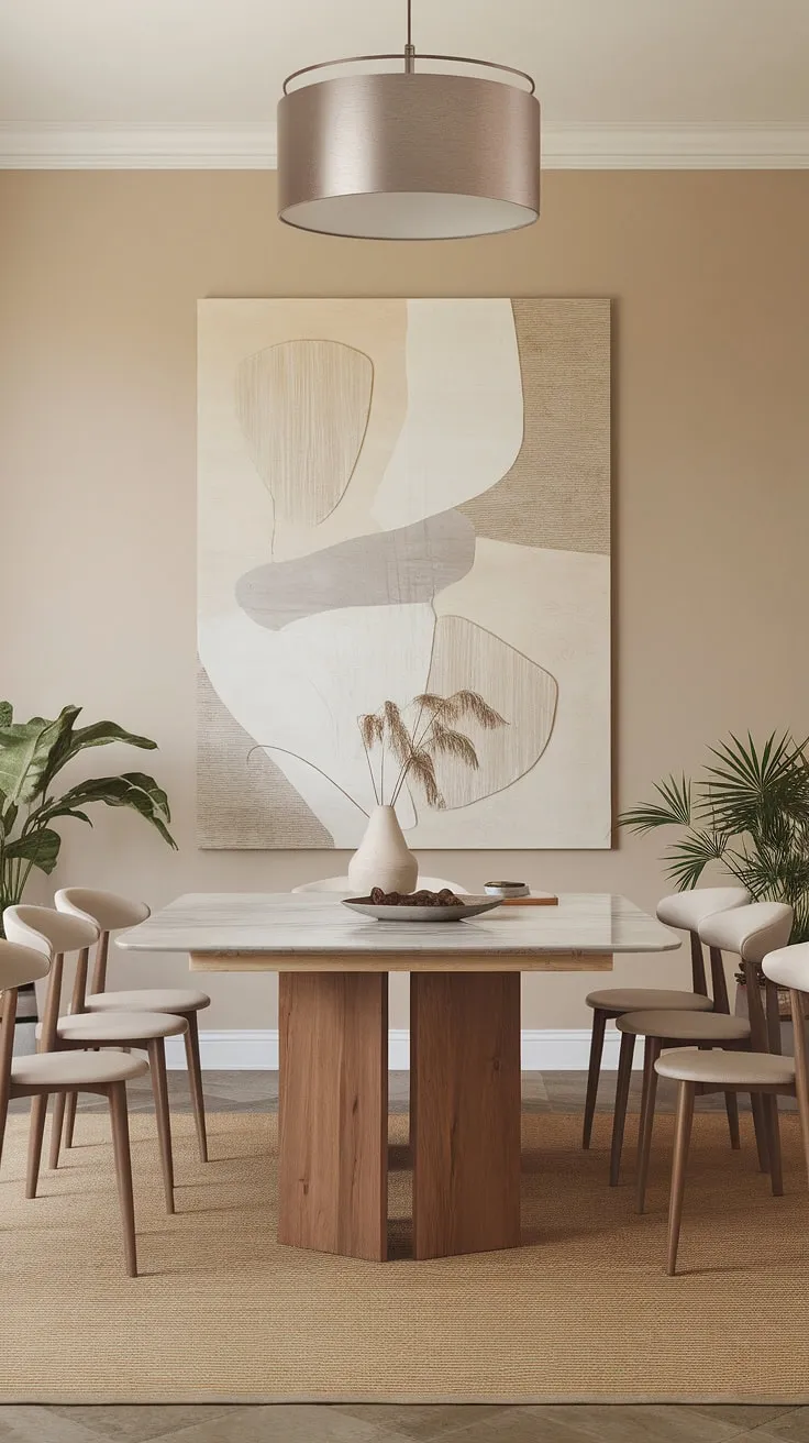 With its large wooden table, chic chairs, and soft beige tones, this organic modern dining room serves as a stunning example of contemporary dining room design and inspiring interiors.
