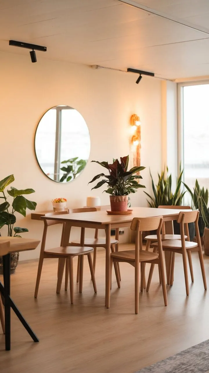 This boho-chic dining space harmoniously combines rustic charm and modern elegance, with warm lighting, a vibrant potted plant, and a large mirror that enhances its airy tranquility.