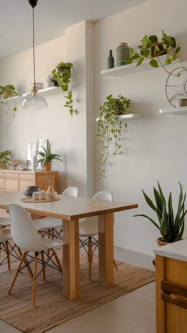 This dining space harmoniously fuses modern design with organic tranquility, featuring warm wood, lush greenery, and soft lighting for a stylish yet inviting sanctuary.