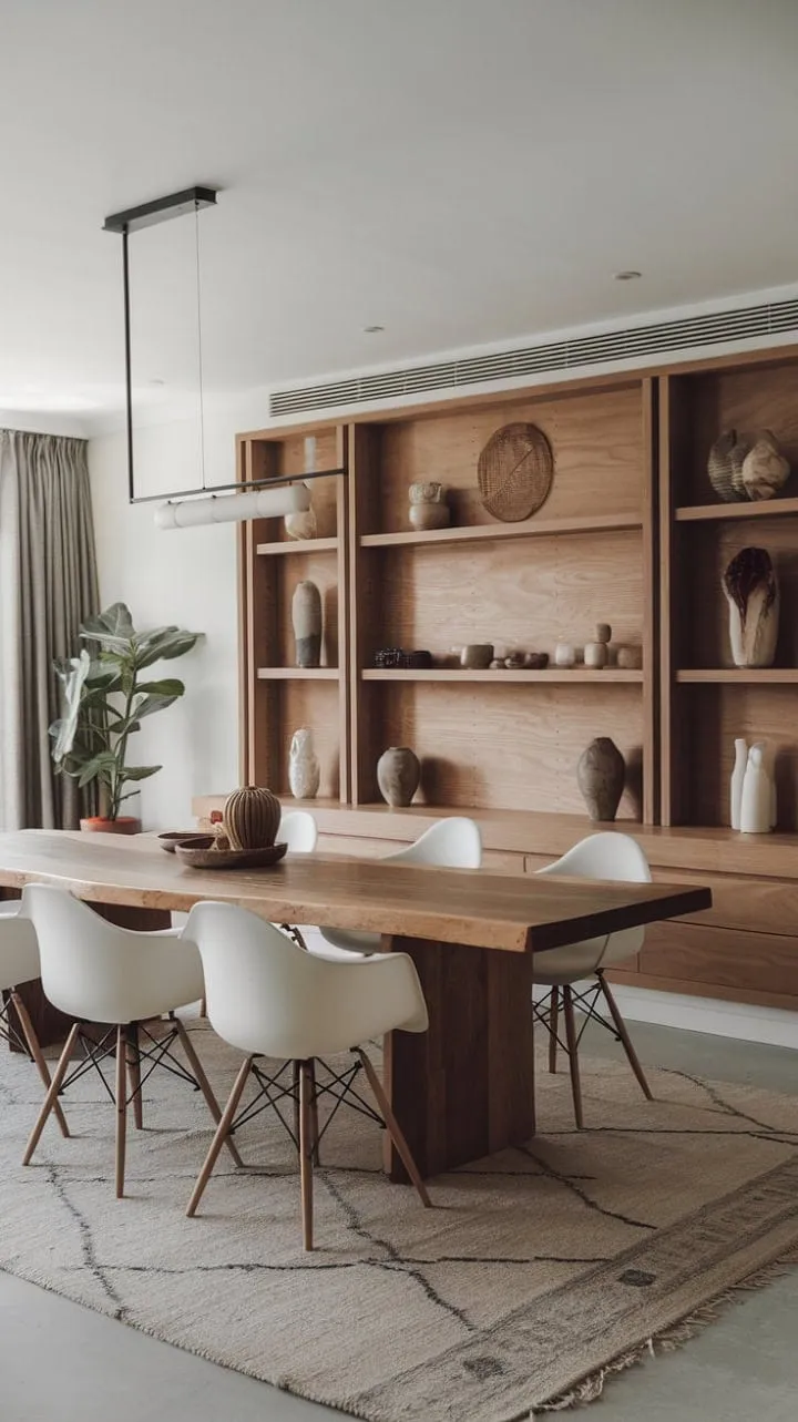 This dining room harmoniously marries modern minimalism with organic boho charm, featuring a warm wooden table and sleek white chairs that create an inviting yet sophisticated atmosphere.