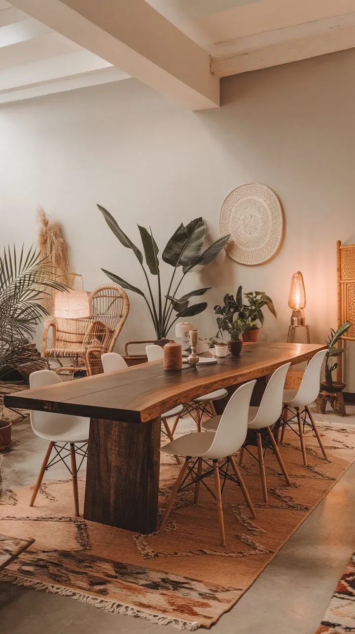 A stylish modern dining room harmoniously fuses boho-chic charm with minimalist elegance, illuminated by a vintage lamp and adorned with rich wood, vibrant greenery, and cozy textures.