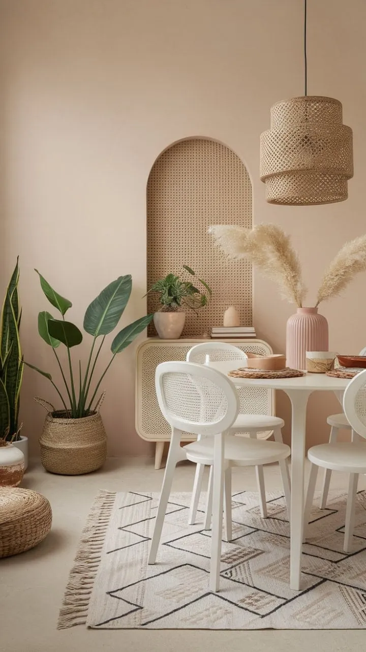Bathed in sunlight, this airy dining space harmoniously blends modern and boho chic, creating a calming oasis of effortless elegance and casual comfort.