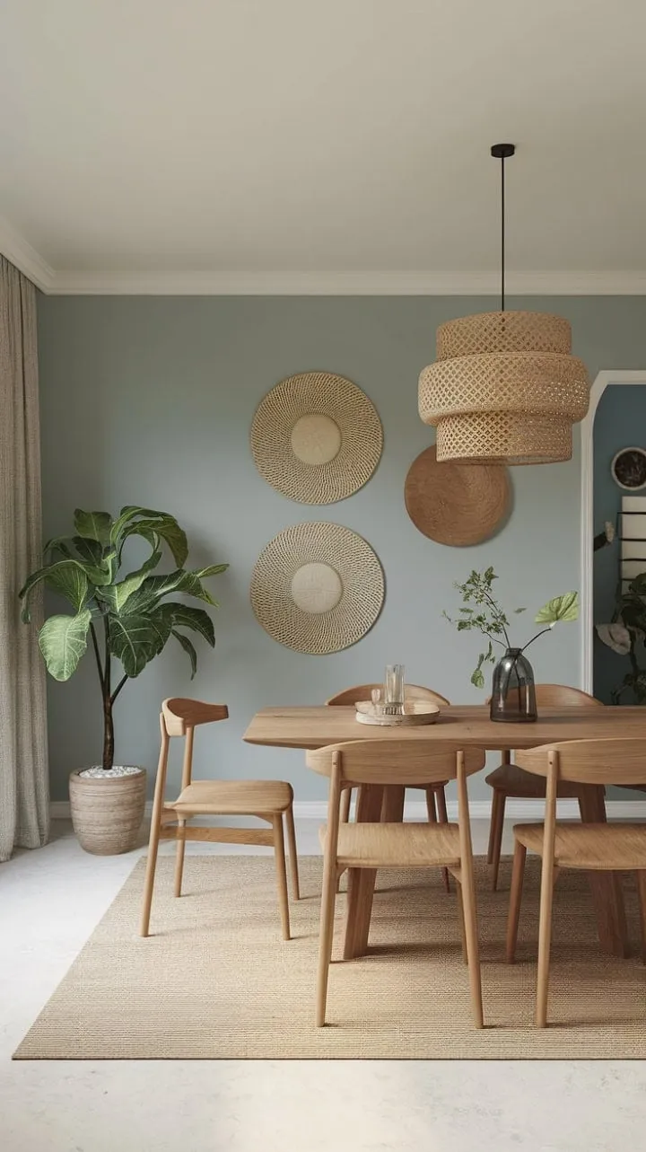 Bathed in sunlight, this serene dining space harmoniously blends boho charm with modern comfort, featuring a rustic wooden table, calming light blue walls, and vibrant greenery.