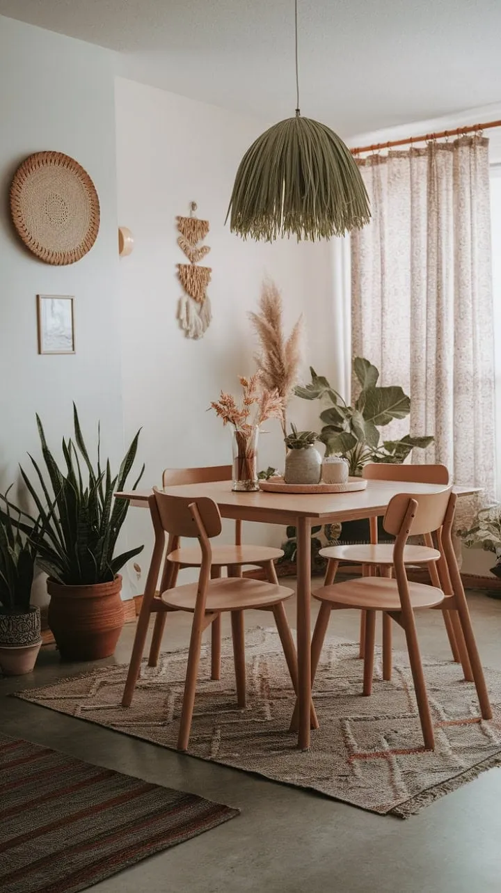 Sunlight dances through sheer curtains, casting a warm glow on a chic dining space that beautifully blends organic modern design with bohemian charm.