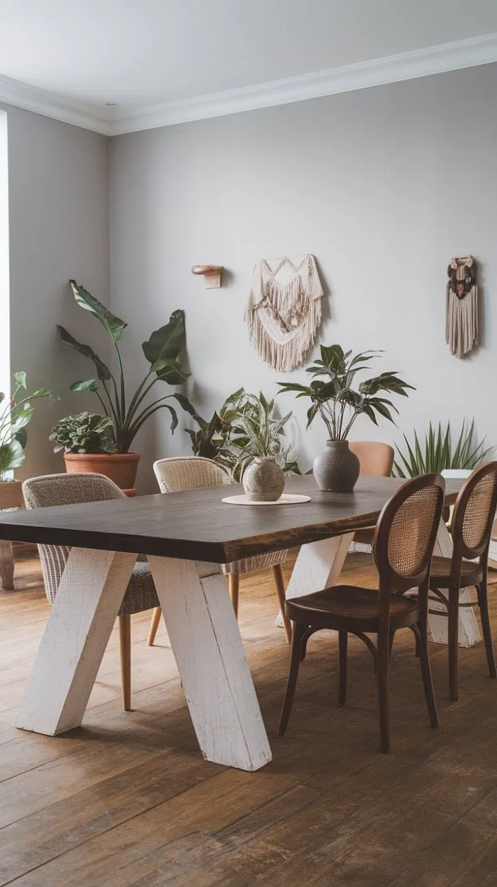 This dining room masterfully blends contrasting textures and styles, creating a sophisticated yet relaxed ambiance where comfort and design harmoniously coexist.