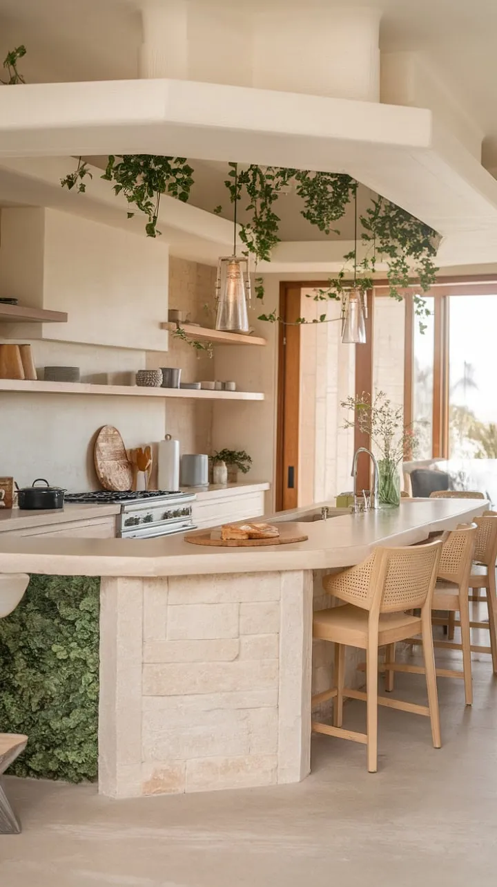 Bathed in natural light, this U-shaped kitchen harmoniously combines modern design with organic textures, creating a serene haven for culinary creativity.