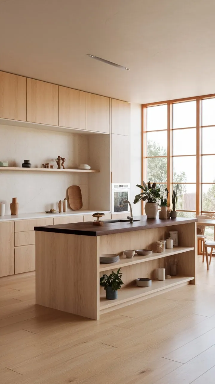 Sunlight bathes the modern kitchen in warmth, where a dark wood island adorned with potted plants serves as a tranquil centerpiece amidst the light wood elegance.