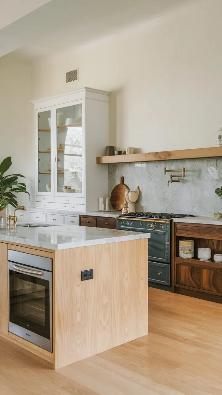 This U-shaped kitchen harmoniously fuses modern design with organic warmth, featuring light wood cabinetry and sleek marble countertops for a stylish yet inviting heart of the home.