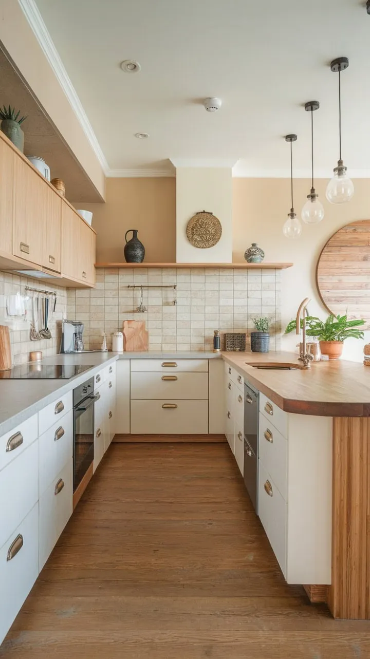 This U-shaped kitchen harmoniously combines light wood, airy whites, and warm stone accents, with a vibrant island at its heart, embodying both functionality and style.